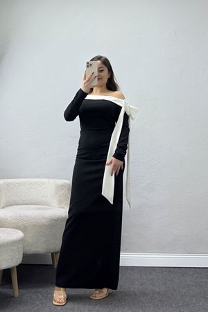 Omuzu Kurdele Detaylı Zra Krep Elbise Siyahbeyaz - 583335.1592.