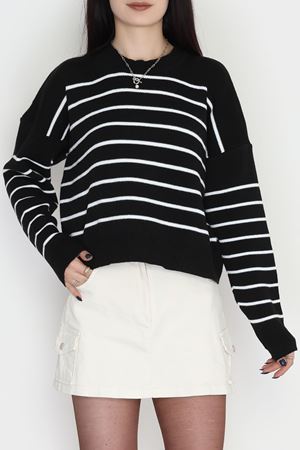 Çizgili Bisiklet Yaka Triko Siyahbeyaz - 3099.1577.