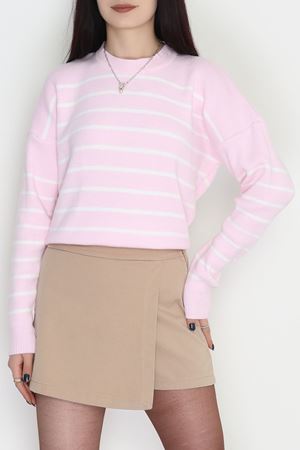 Çizgili Bisiklet Yaka Triko Pembebeyaz - 3099.1577.