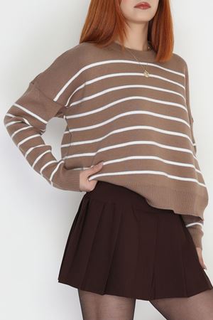 Çizgili Bisiklet Yaka Triko Mochalatte - 3099.1577.