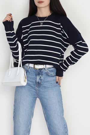 Çizgili Bisiklet Yaka Triko Lacivertbeyaz - 3099.1577.