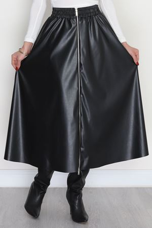 Suni Deri Önden Fermuarlı Uzun Kloş Etek Siyah - 80897.701.