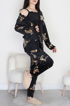 Kadife 3'Lü Pijama Set Siyahleopar - 50925.1961.