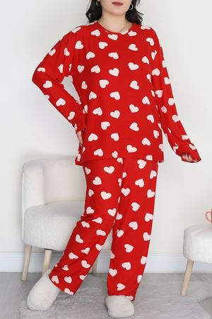 Süet Büyük Beden Alt Üst Aynı Pijama Takımı Kırmızıbeyaz - 120.1287.