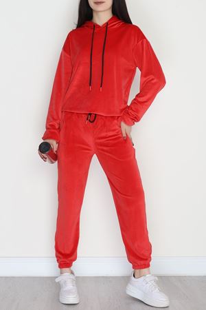 Kapşonlu Fransız Kadife Likralı Eşofman Takımı Kırmızı - 80903.1301.