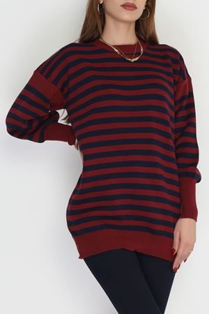 Oversıze Çizgili Triko Bordolacivert - 2025.1577.