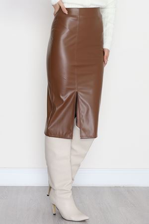 Yırtmaçlı Deri Kalem Etek Kahve - 51018.1779.