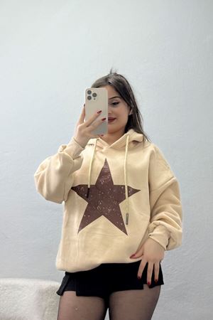 3 İplik Kapşonlu Baskılı Sweat Bejkahve - 42225.1878.