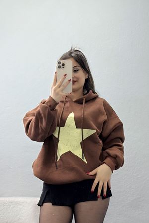 3 İplik Kapşonlu Baskılı Sweat Kahvebej - 42225.1878.