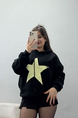 3 İplik Kapşonlu Baskılı Sweat Siyahbej - 42225.1878.