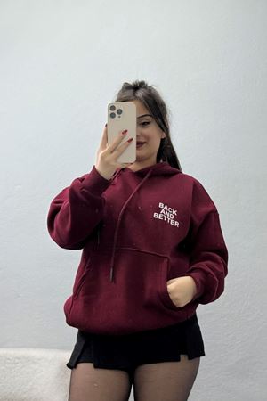 3 İplik Kanguru Cepli Kapşonlu Sweat Bordobeyaz - 42257.1878.