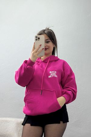 3 İplik Kanguru Cepli Kapşonlu Sweat Fuşyabeyaz - 42257.1878.