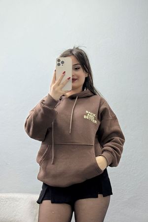 3 İplik Kanguru Cepli Kapşonlu Sweat Kahvebej - 42257.1878.