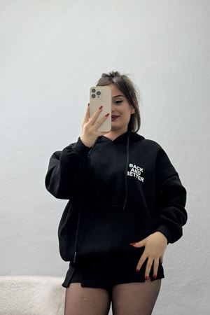 3 İplik Kanguru Cepli Kapşonlu Sweat Siyahbeyaz - 42257.1878.