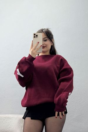 3 İplik Şardonlu Oversize Sweat Bordo - 50918.1878.