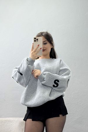 3 İplik Şardonlu Oversize Sweat Gri - 50918.1878.