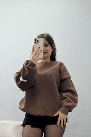 3 İplik Şardonlu Oversize Sweat Kahve - 50918.1878.