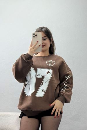 3 İplik Şardonlu Oversize Sweat Kahve - 50920.1878.