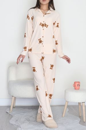 Düğmeli Süet Pijama Takımı Bejkahve1 - 450.1287.