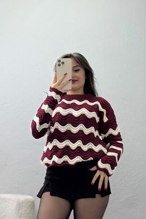 Dalga Çizgili Triko Bordolatte - 1529.1577.