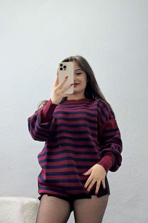 Oversıze Çizgili Triko Bordolacivert - 2025.1577.