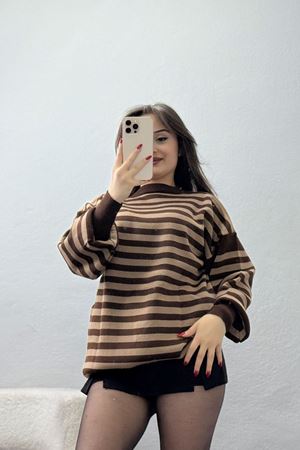 Oversıze Çizgili Triko Kahvemocha - 2025.1577.