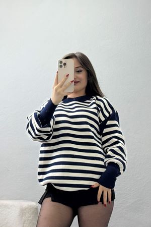 Oversıze Çizgili Triko Lacivertlatte - 2025.1577.