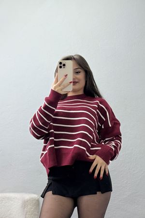 Çizgili Bisiklet Yaka Triko Bordolatte - 3099.1577.