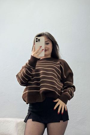 Çizgili Bisiklet Yaka Triko Kahvemocha - 3099.1577.