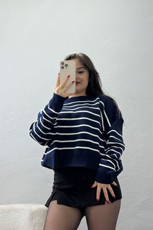 Çizgili Bisiklet Yaka Triko Lacivertbeyaz - 3099.1577.