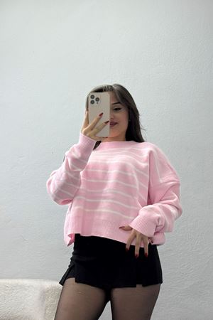 Çizgili Bisiklet Yaka Triko Pembebeyaz - 3099.1577.