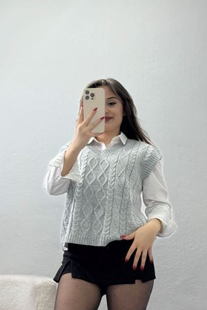 V Yaka Süveter  Gri - 4049.1577.