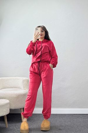 Kapşonlu Fransız Kadife Likralı Eşofman Takımı Kırmızı - 80903.1301.