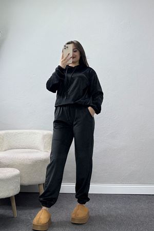 Kapşonlu Fransız Kadife Likralı Eşofman Takımı Siyah - 80903.1301.