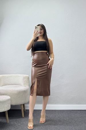 Yırtmaçlı Deri Kalem Etek Kahve - 51018.1779.