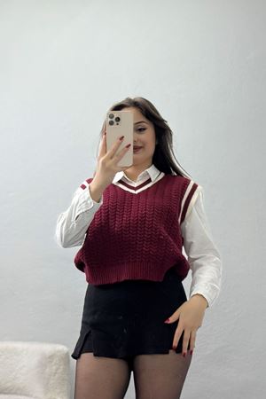 V Yaka Triko Süveter Bordolatte - 493.1577.