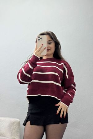 Çizgili Crop Triko Bordolatte - 3100.1577.