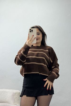 Çizgili Crop Triko Kahvemocha - 3100.1577.