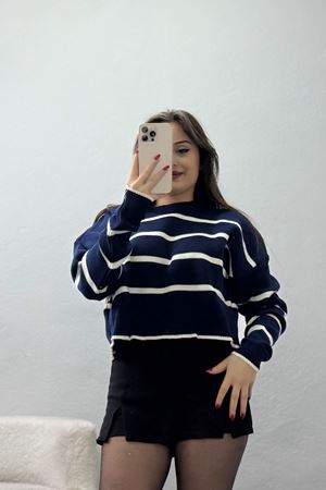 Çizgili Crop Triko Lacivertlatte - 3100.1577.