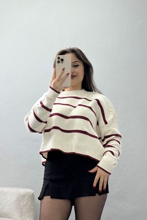 Çizgili Crop Triko Lattebordo - 3100.1577.