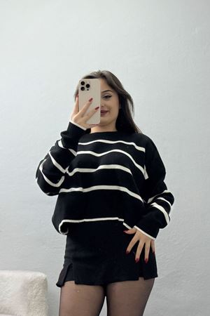 Çizgili Crop Triko Siyahlatte - 3100.1577.