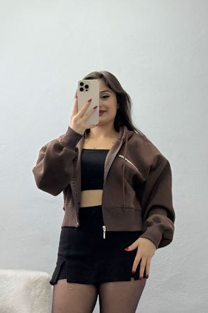 3 İplik Kompakt Oversize Fermuarlı Sweat Kahve - 42501.1878.
