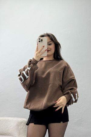 3 İplik Şardonlu Oversize Sweat Kahve - 50922.1878.