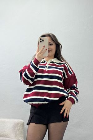 Çizgili Polo Yaka Triko Bordo - 70870.1765.