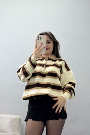 Çizgili Polo Yaka Triko Kahve - 70870.1765.