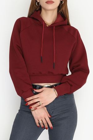 3 İplik Kapşonlu Crop Sweat Bordo - 20967.1878.
