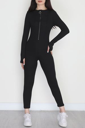 Ön Fermuar Detaylı Likralı Kaşkorse Tulum Siyah - 42620.1748.