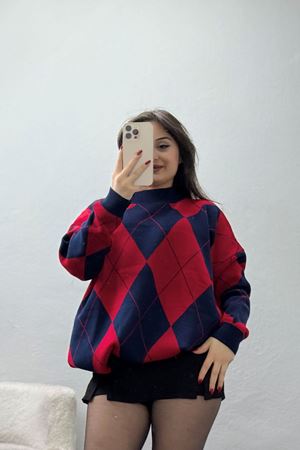 Etnik Desen Triko Lacivertkırmızı - 3038.1577.