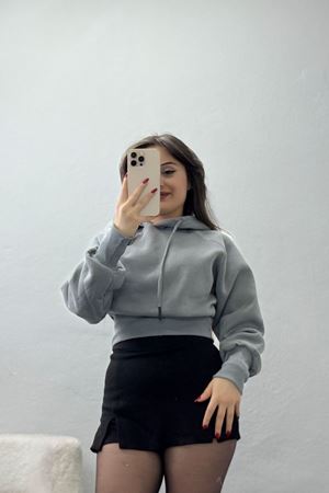 3 İplik Kapşonlu Crop Sweat Antrasit - 20967.1878.