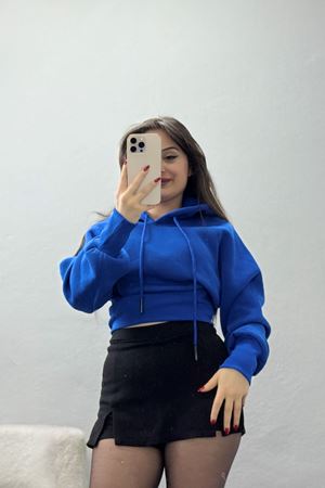 3 İplik Kapşonlu Crop Sweat Saks - 20967.1878.